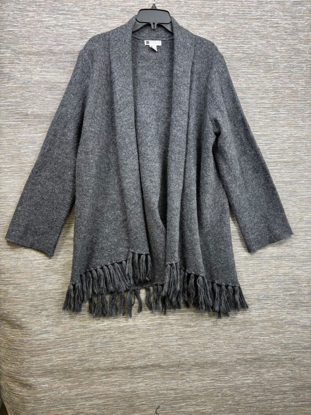 Carole Little Cardigan Sweater Womens L Gray Wool Open Front Fringe Hem Knit